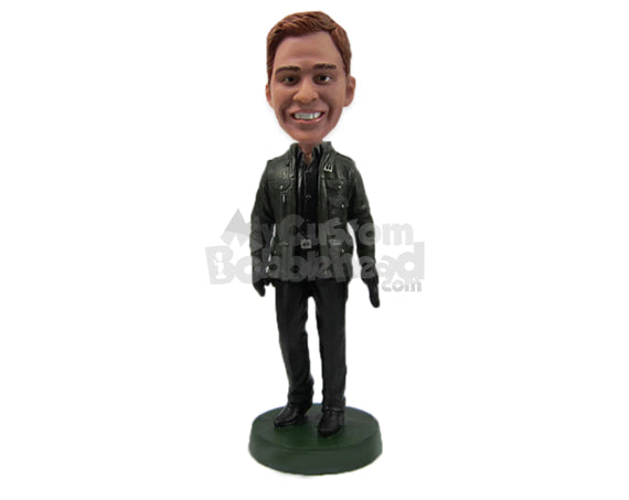 Handsome Hunk in Awesome Leather Jacket Holding Gun in One Hand Personalized Bobblehead Handsome Hunk in Awesome Leather Jacket Holding Gun in One Hand Personalized Bobblehead